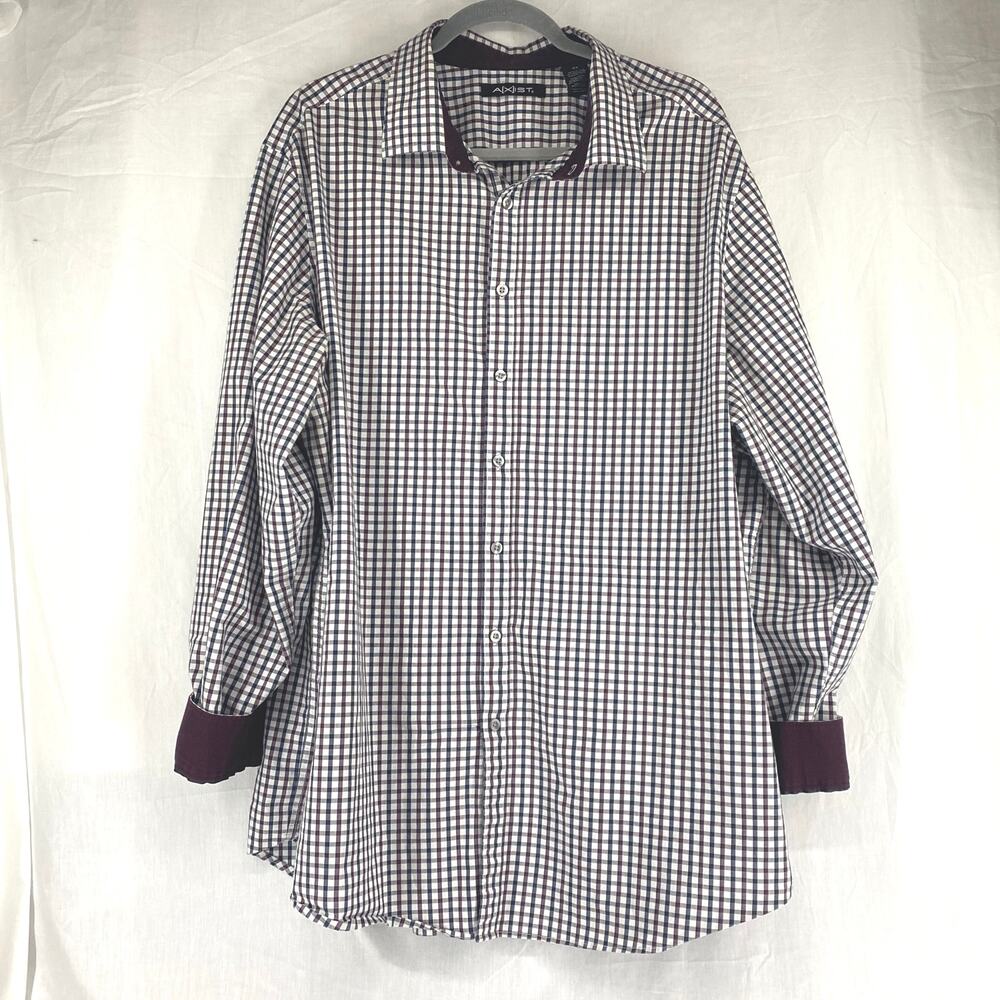 AXIST Mens 2X Button Down Shirt Gingham Check Burgundy Navy White Long Sleeve